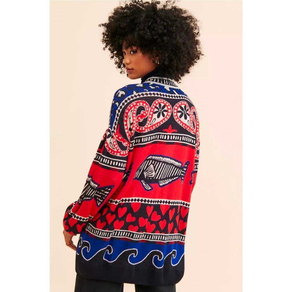 Farm Rio Navy & Red Mixed Print Fish and Hearts Cardigan. Retails $198 - Picture 2 of 9